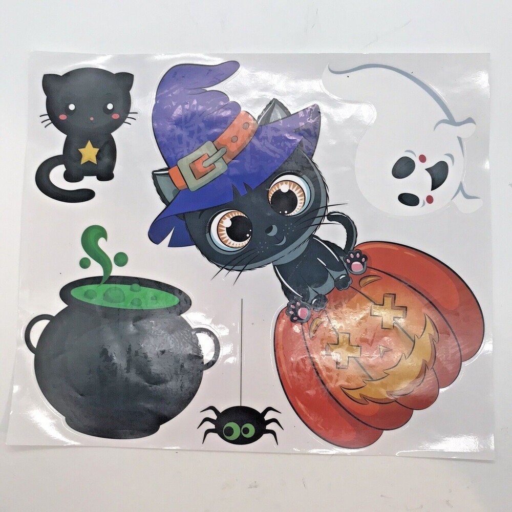 Vintage Window Clings Halloween Decorations Witch Ghost Pumpkin Cat Mummy Spider